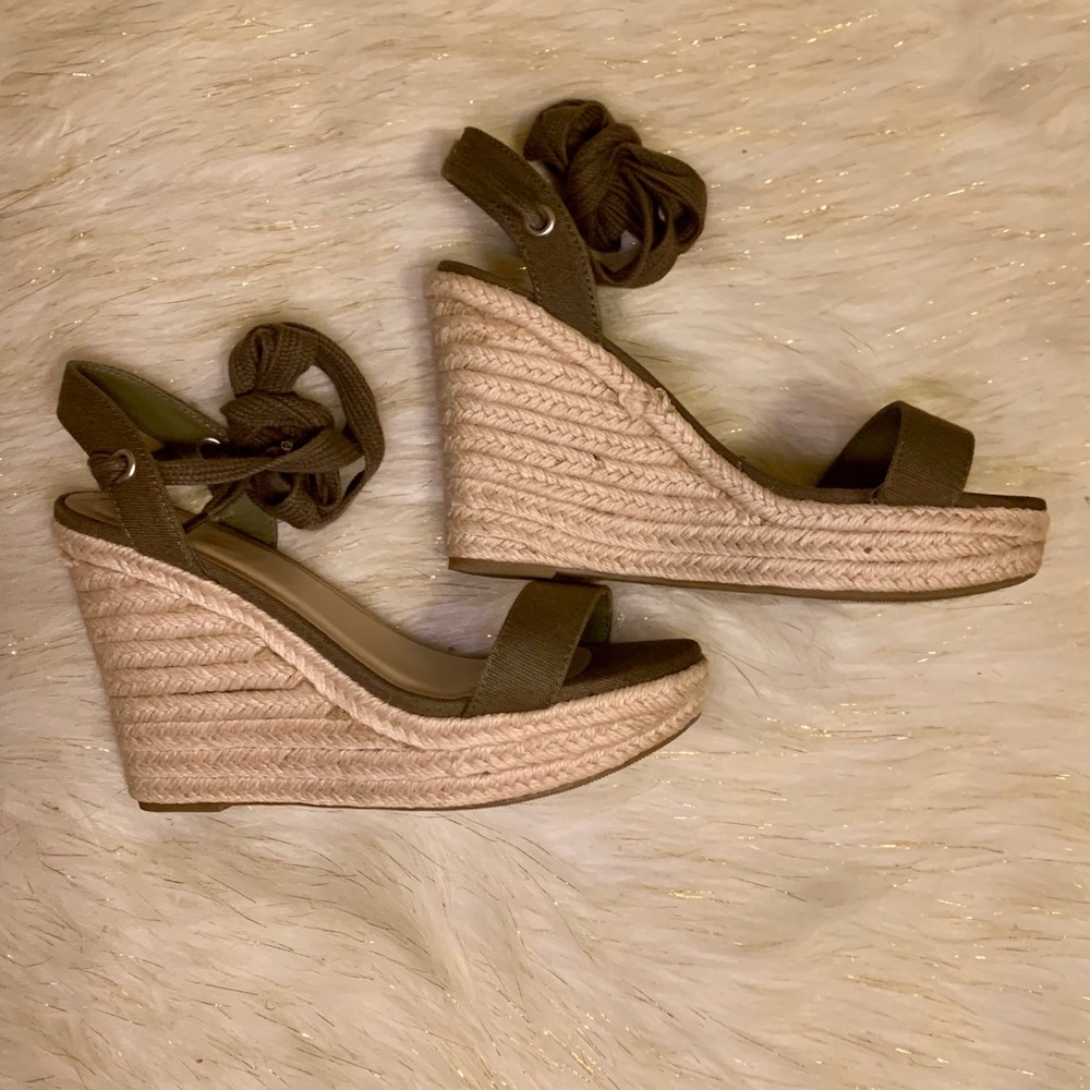 Gia Ankle Wrap Wedge Espadrilles in Olive